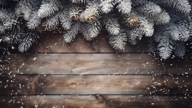 Albero di Natale su un tavolo di legno con neve e neve che cade a terra AI generativa
