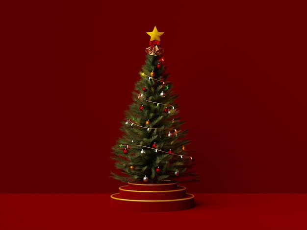 Albero di Natale sul podio su sfondo rosso 3d'illustrazione