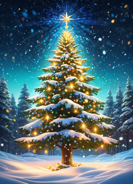 Albero di Natale sullo sfondo dell'illustrazione della foresta invernale