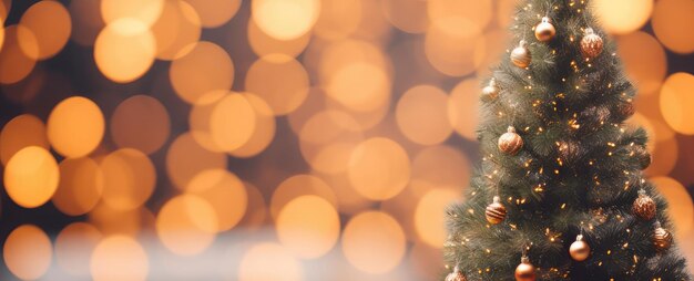 Albero di Natale verde lucido su bokeh festoso dorato sfocato sullo sfondo vacanza di Natale