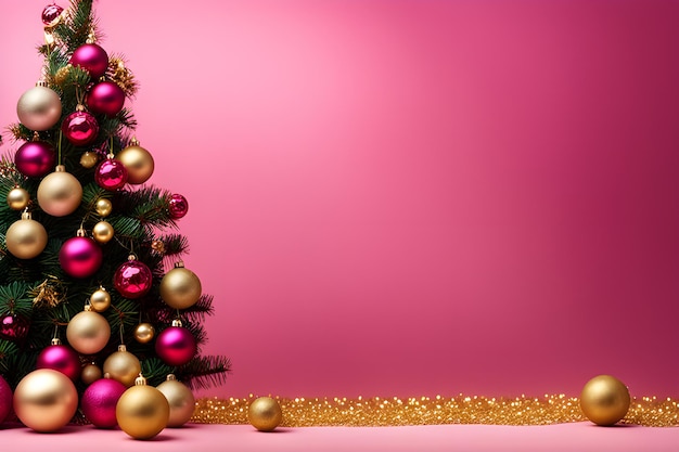 Albero di Natale verde oro bianco decorazioni di Natale sfondo rosa foto piattaforma di intelligenza artificiale per parchi giochi