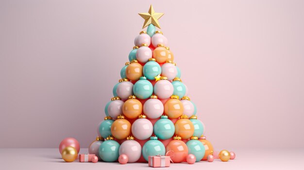 albero di Natale voluminoso con regali dai colori vivaci in forme organiche e geometriche rosa chiaro e arancione chiaro