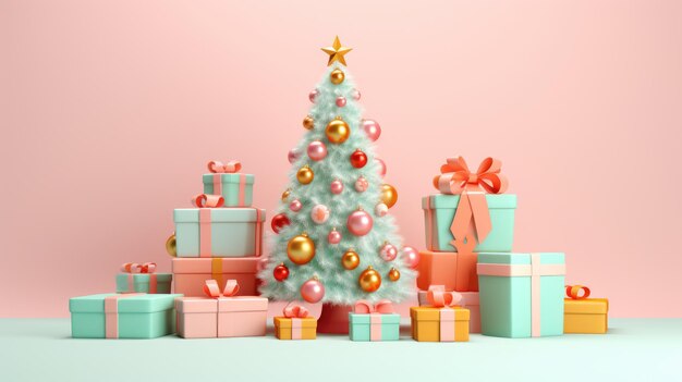 albero di Natale voluminoso con regali dai colori vivaci in forme organiche e geometriche rosa chiaro e arancione chiaro