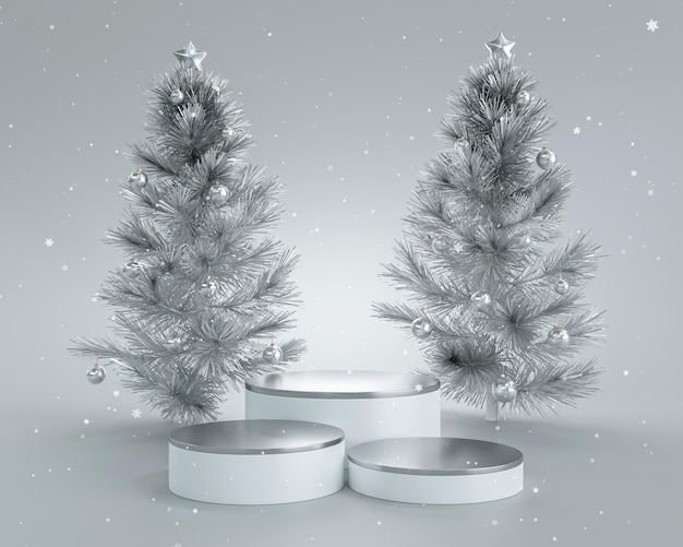 Albero di Natale xmas piedistallo sfondo 3d e astratto minimale regalo bianco podio palcoscenico prodotto inverno vetrina banner display o lussuosa piattaforma cosmetica stand con vuoto sorpresa studio scaffale vuoto.