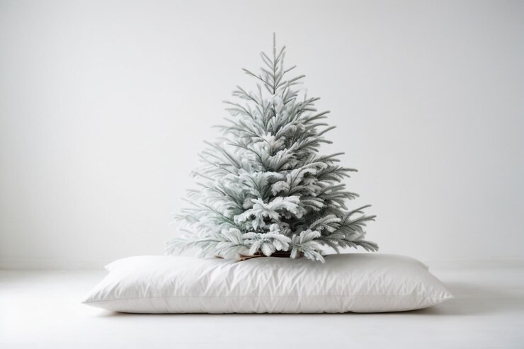 Albero di pino 3D pieno di neve su sfondo bianco