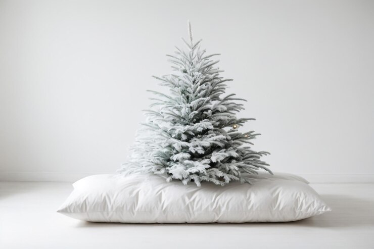 Albero di pino 3D pieno di neve su sfondo bianco