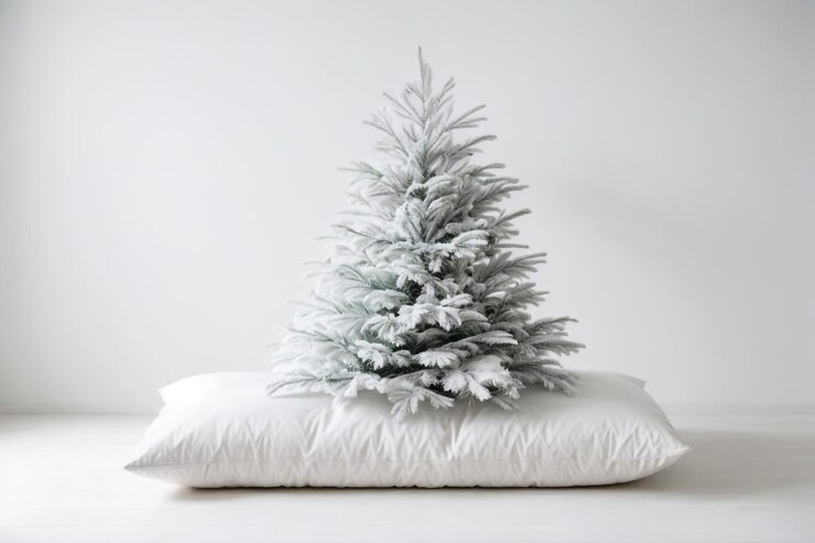 Albero di pino 3D pieno di neve su sfondo bianco