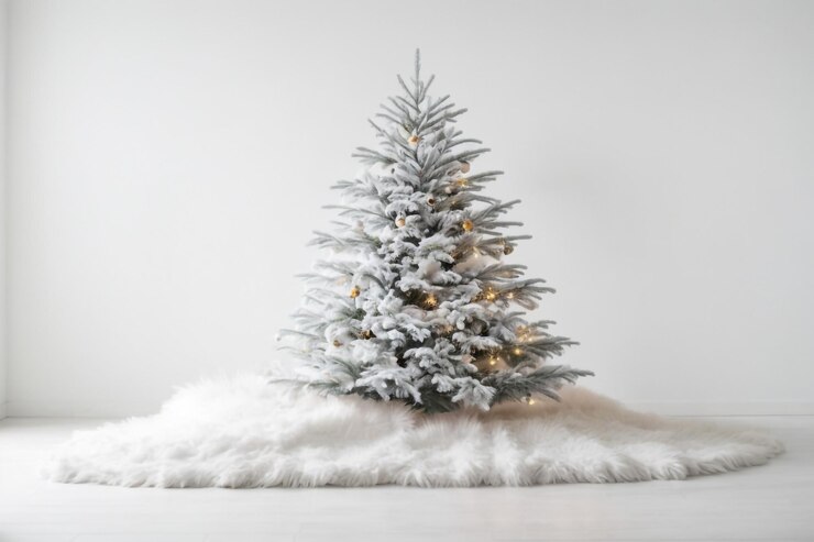 Albero di pino 3D pieno di neve su sfondo bianco