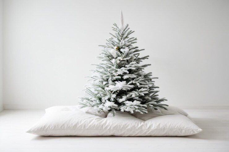 Albero di pino 3D pieno di neve su sfondo bianco