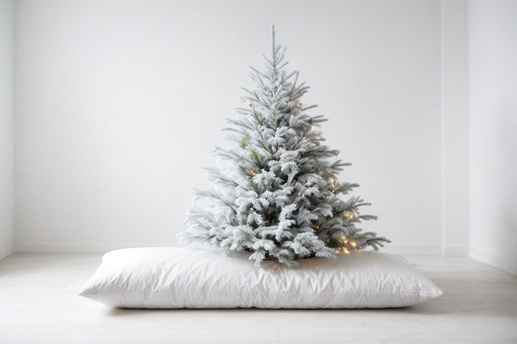 Albero di pino 3D pieno di neve su sfondo bianco