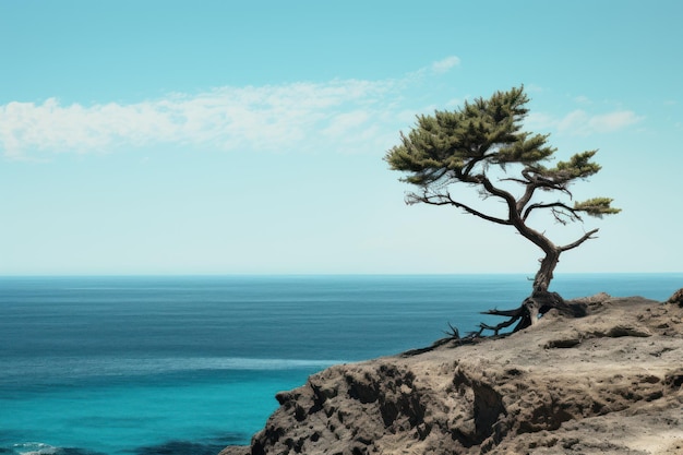 Albero di pino sereno sulla scogliera e sulla spiaggia di Lanzarote Generato dall'IA