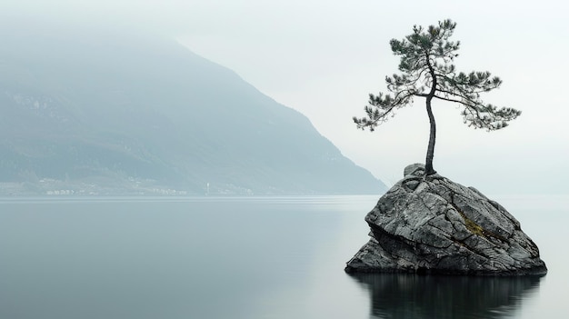 Albero di pino solitario in cima alla scogliera sullo sfondo del lago vista panoramica delle montagne in estate paesaggio sorprendente con roccia nebbiosa e acqua concetto di natura scena all'aperto