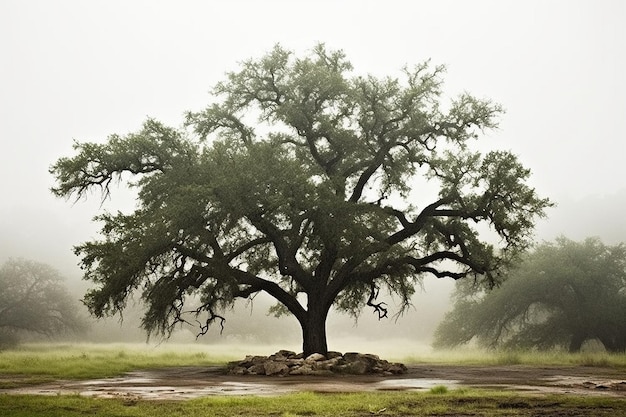 Albero di quercia in una foresta nebbiosa