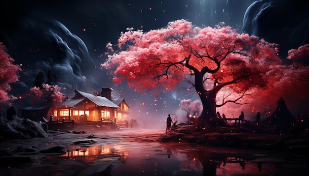 albero di sakura sull'illustrazione del lago