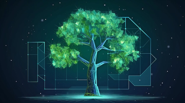 Albero digitale in un futuro design poligonale luminoso con germogli e codice binario ImageGenerative AI