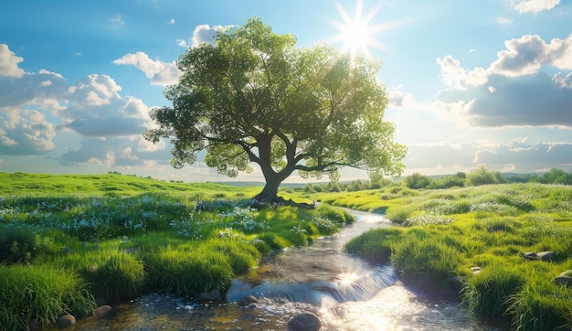 Albero e ruscello in un campo verde