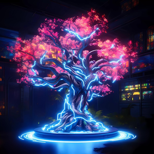 Albero futuristico retro cyberpunk con luci al neon