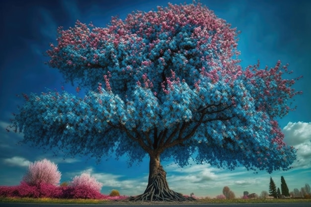 Albero in fiore sullo sfondo di un cielo blu creato con l'AI generativa