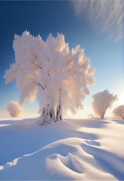 Albero innevato che si siede sopra un campo innevato ai generativo