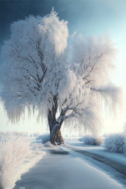 Albero innevato che si siede sul lato di una strada generativa ai