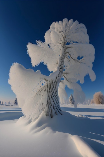 Albero innevato nel mezzo di un campo ai generativo