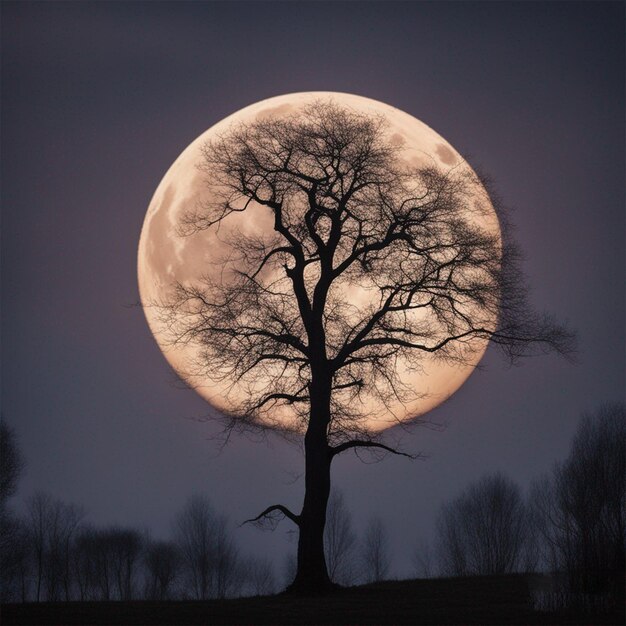 Albero inquietante contro una grande luna fantastico sfondo carta da parati ai generato