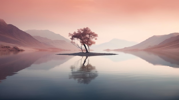 Albero isolato sull'isola Un paesaggio delicatamente reso nello stile di Tj Drysdale