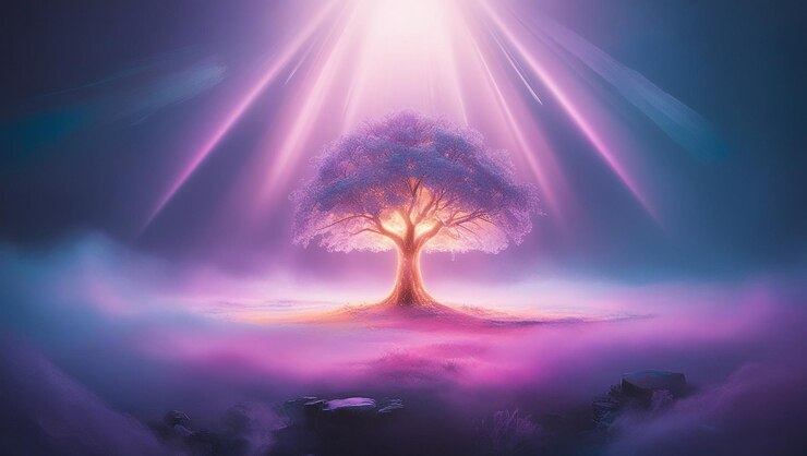 Albero luminoso in un paesaggio mistico