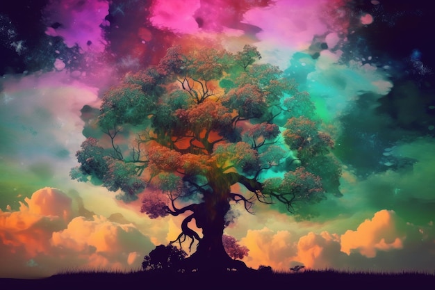 Albero magico con nuvole colorate Arte mistica