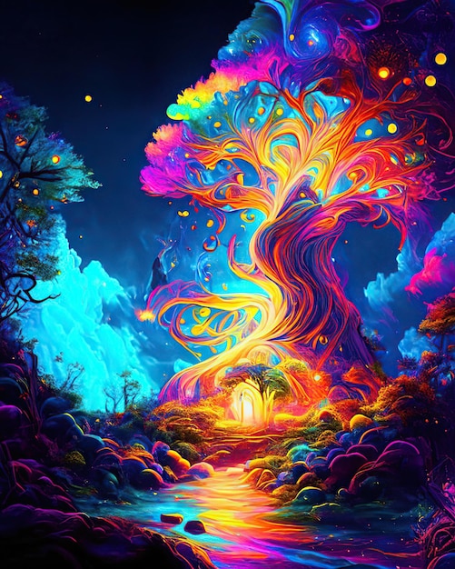 Albero magico nella foresta incantata dai colori vibranti in stile neon magico e surreale