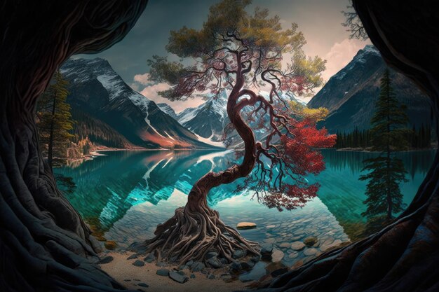 Albero mistico con vista sul lago cristallino circondato da imponenti montagne
