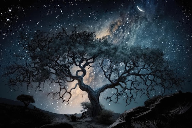 Albero mistico con vista sulle stelle del cielo notturno che brillano create con intelligenza artificiale generativa