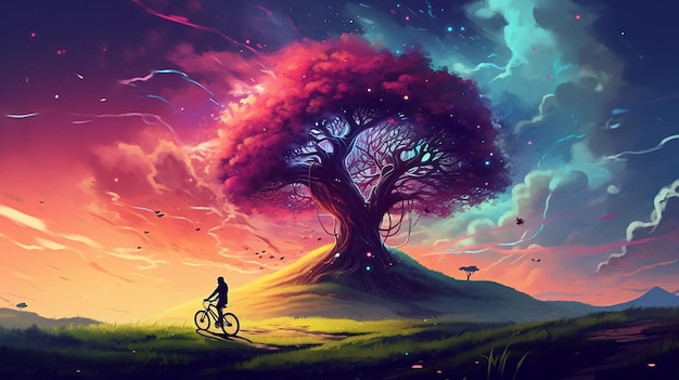 Albero mistico nebulosa cielo un ragazzo in bicicletta