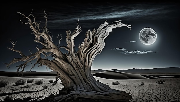 Albero morto nel deserto di notte con la luna piena IA generativa