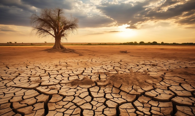 Albero morto solitario sotto il drammatico cielo nuvoloso nel paesaggio desertico incrinato dalla siccità