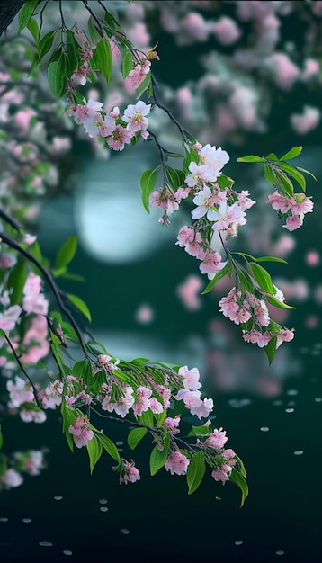 Albero pieno di molti fiori rosa accanto a uno specchio d'acqua generativo ai