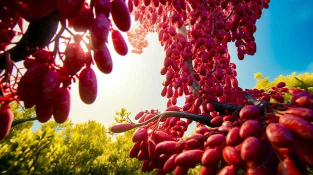 Albero pieno di molti frutti rossi appesi ai suoi rami AI generativa