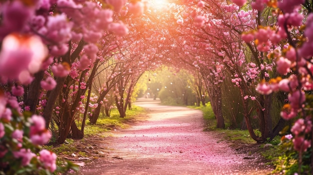 Albero rosa e fiori fioriscono e cadono al tunnel del giardino al mattino con la luce del sole