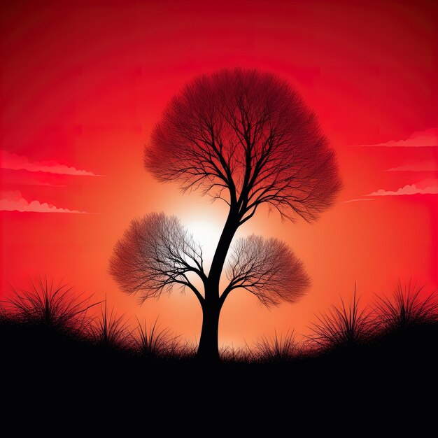 albero rosso al tramonto 3 d rendering silhouette di albero rossto al tramonto