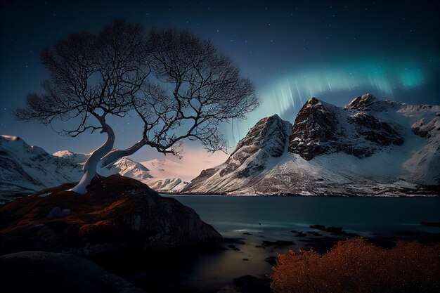 Albero seduto in cima a una roccia accanto a uno specchio d'acqua generativo ai