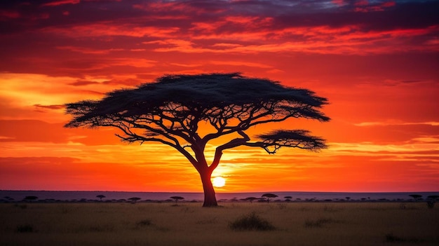 albero silhouette panorama in Africa con albero tramonto silhouetted contro un sole tramonto albero scuro su