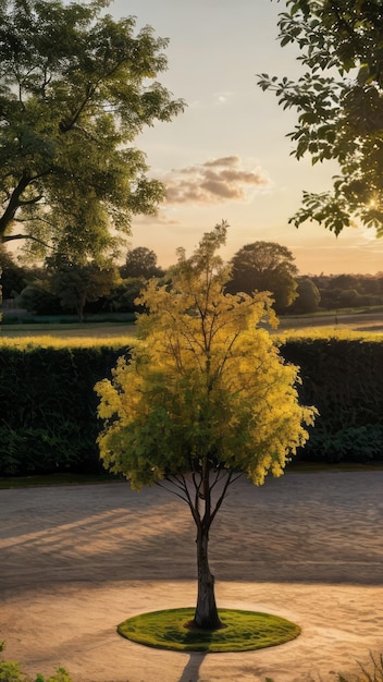 albero singolo in un parco tramonto ore d'oro rilassante fotografia della natura