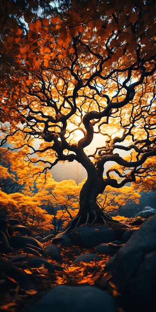albero sole splendente sfondo color fuoco braccia tese giardini contorti elfo di legno sconcertante