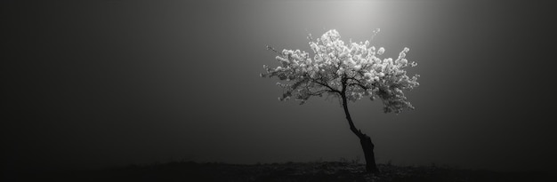 Albero solitario con fiori in bianco e nero