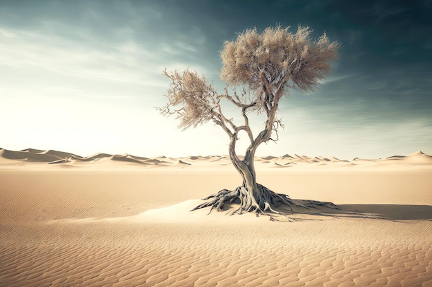 Albero solitario morente tra le dune di sabbia nel deserto