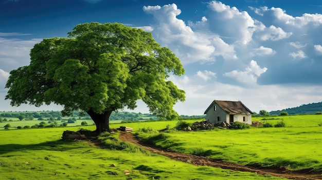 Albero solitario nel prato con casa