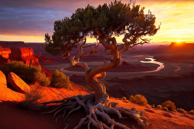 Albero solitario su una collina con deserto caldo sullo sfondo del sole halibund