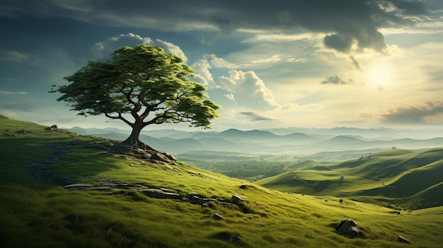 Albero solitario sul campo verde Foto di alta qualità