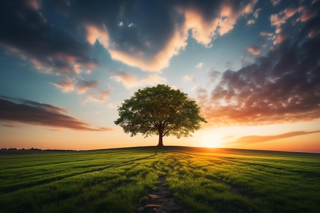 Albero solitario sul prato al tramonto