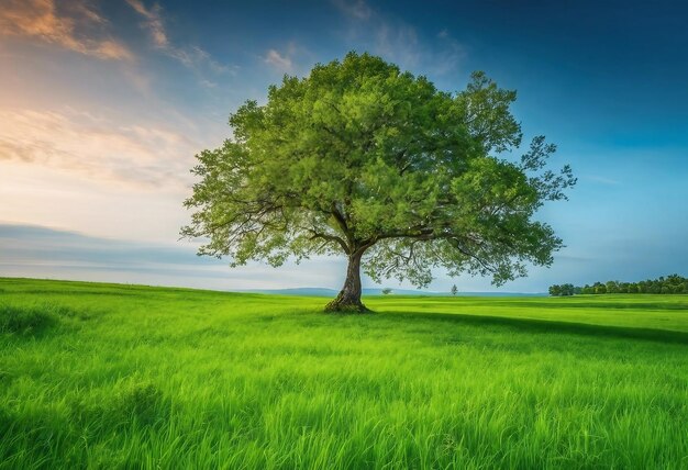 Albero solo in un chiaro paesaggio naturale verde e blu